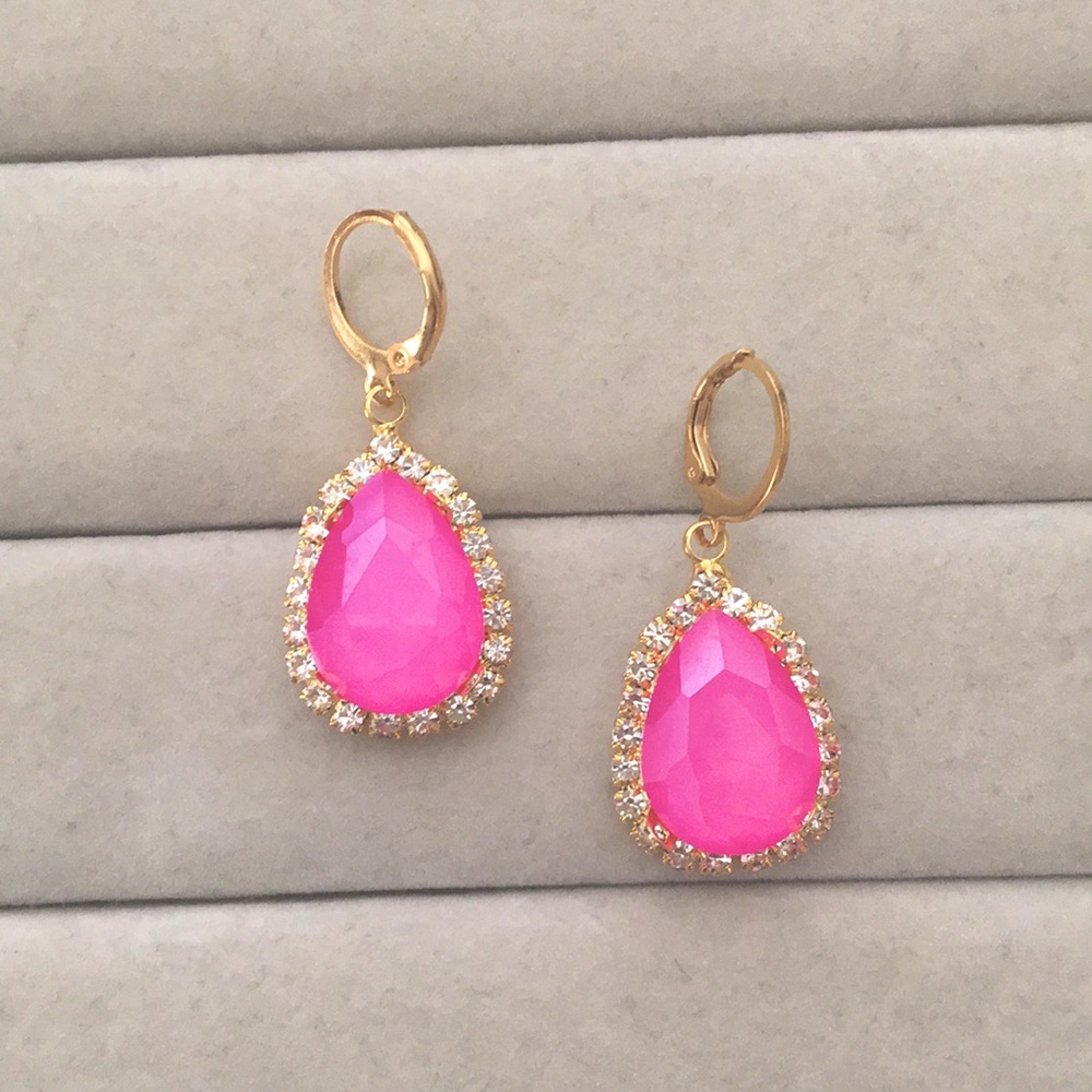 Hot Pink + Gold Crystal Halo Pear Drop Earrings - Picture 3 of 7